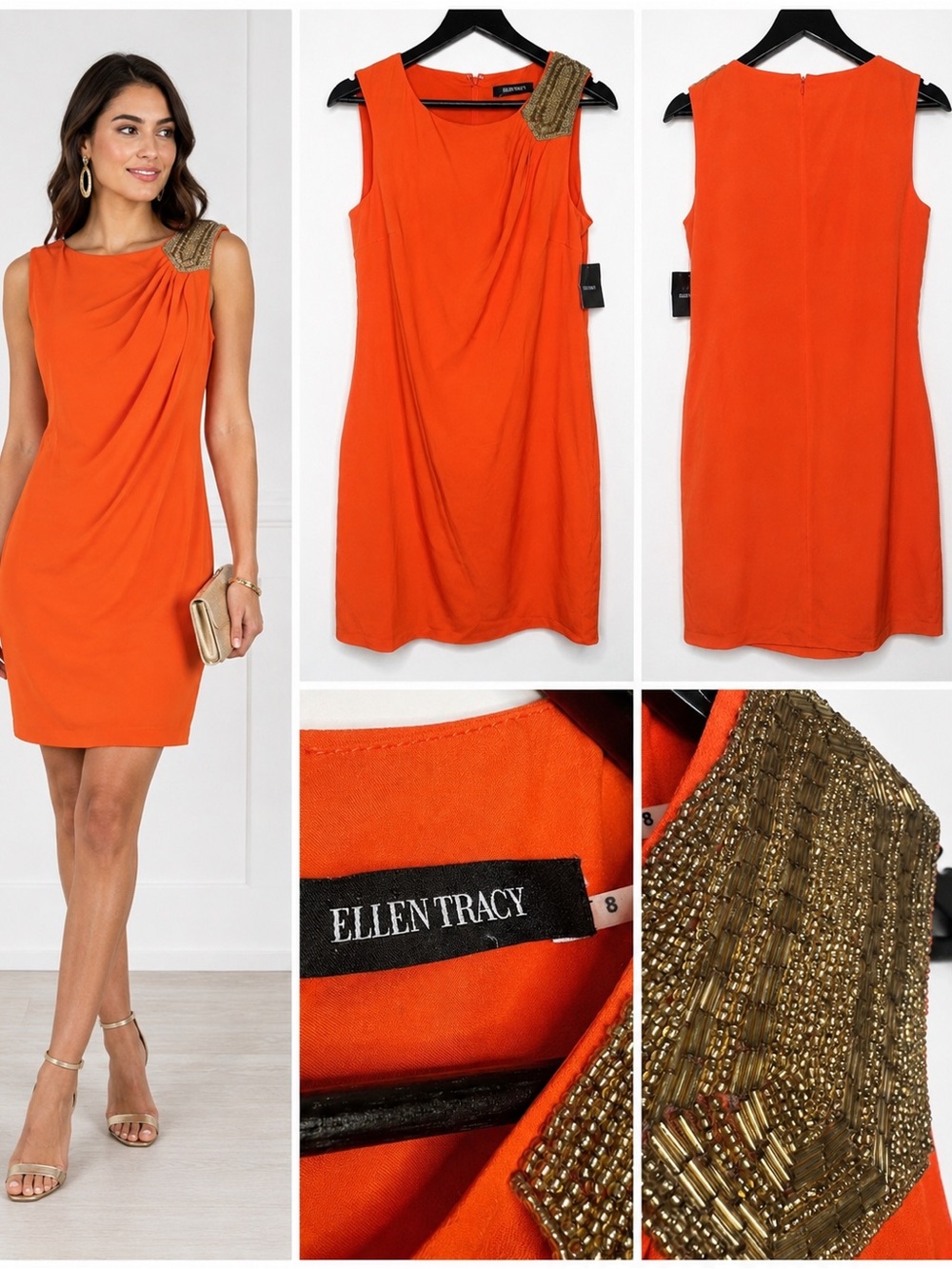 Ellen Tracy Orange Draped Sheath Dress Gold Beaded Shoulder Size 8